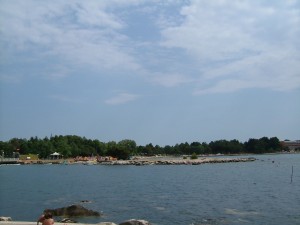 Utsikt fra anlegget til Hotel Stella Maris - kysten består av pinjeskog, svalberg og småstrender Istria, Umag, Kroatia