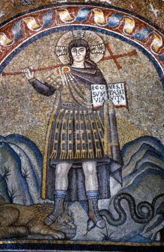 Fra Capella Arcivescovile/Capella di San Andrea, cirka år 500. Mosaikk av Kristus som kriger - referanse til Theodorics kristne arianisme. Foto: Images owned by Ravenna Tourist Office Fra Capella Arcivescovile/Capella di San Andrea, Unesco, Ravenna, Emilia-Romagna, Nord-Italia, Italia