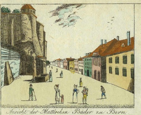 Berns etter hvert beryktede badehus lå på rekke og rad langs elven Aare i bydelen Matte. Til venstre støttemurene til katedralplassen. Matte, Altstadt, Bern, Nord-Sveits, Sveits