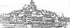 Illustrasjon av Bern i år 1820 av Sigmund Wagner. Legg merke til den gotiske Ländetor midt mellom møllehjulet og broen Altstadt, Bern, Nord-Sveits, Sveits