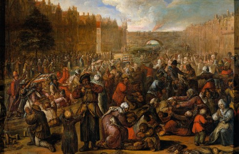 Otto van Veens skildring av den spanske beleiringen, som ble brutt i år 1574, da innbyggerne ødela dikene og lot havet strømme inn. Malt samme år. Otto van Veens skildring av den spanske beleiringen 1574, Leiden, Zuid-Holland, Sør-Nederland, Nederland