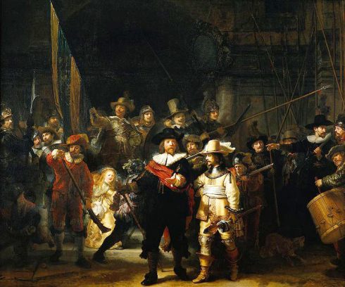 Rembrandt van Rijn er født i Leiden i år 1606 - her med verket Nattevakten, Rembrandt van Rijn, Leiden, Zuid-Holland, Sør-Nederland, Nederland