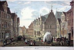 Celles markedsplass anno 1845, med det gamle råhuset til høyre - stålstikk av J. Riedel. Foto: Lokilech/Wikipedia Celle, Nord-Tyskland, Tyskland