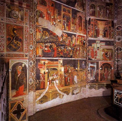 Fresker av Bartolini de'Grossi fra San Sebastianos liv fra den tidlige renessansen cirka år 1423-1426. Foto: Duomo Parma / www.cattedrale.parma.it Fresker av Bartolini de'Grossi fra San Sebastianos liv, duomo, Parma, Emilia Romagna, Nord-Italia, Italia