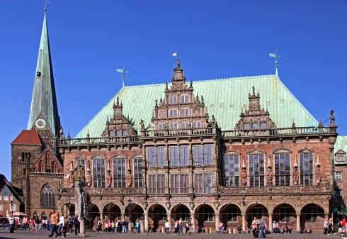 Bremens Rathaus - rådhuset - er opprinnelig gotisk, men fikk ny fasade i renessansestil rundt år 1600. Bremen, Altstadt, Historisk,Middelalder, Marktplatz, Nord-Tyskland, Tyskland