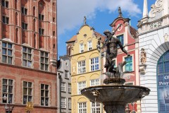 Neptun-fontenen, Gdansk, gamlebyen Stare Miasto, nybyen Glowne Miasto, markedsplass en Dlugi Targ, Ulica Dluga, historisk bydel, middelalder, Nord-Polen, Polen
