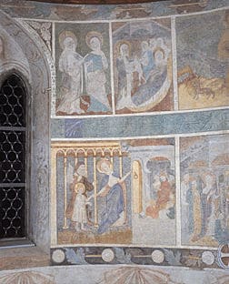 Fresker fra tidlig 1400-tall i kirken Kirche auf Burg - kirken i det gamle romerske kastellet - opprinnelig fra 500-tallet. Foto: Tourismus Stein am Rhein Kirche auf Burg, Stein am Rhein, Sveits