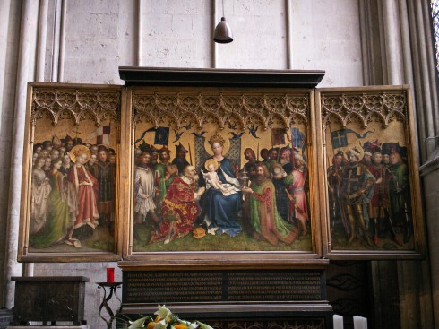 Stephan Lochners flotte altertavle, et triptych kalt De hellige tre konger, fra 1440-tallet i renessansestil. Foto: Welleschik/de.wikipedia Stephan Lochners triptych kalt De hellige tre konger, Köln, Nordrhein-Westfalen, Vest-Tyskland, Tyskland