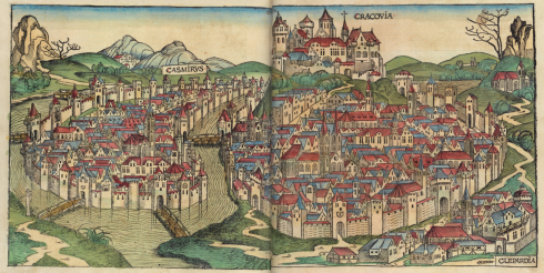Kamiziers og Krakow er beskrevet som to forskjellige byer i Nürnberg-krønikene fra år 1493. Kilde: Wikipedia Krakow, Unesco Verdensarv, Sukiennice, Basilica Santa Maria, gamlebyen Stare Miasto, historisk bydel, middelalder, markedsplass Rynek Glowny, Wawelborgen, Kazimierz, Sør-Polen, Polen