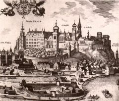 Wawelborgen slik den så ut på slutten av 1500-tallet. Tresnitt av Georg Braun og Frans Hogenberg fra år 1613 / Wikipedia Krakow, Unesco Verdensarv, Sukiennice, Basilica Santa Maria, gamlebyen Stare Miasto, historisk bydel, middelalder, markedsplass Rynek Glowny, Wawelborgen, Kazimierz, Sør-Polen, Polen