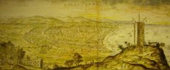 Anton Van Den Wyngaerde fra Flanderen tegnet Barcelona i år 1563. Legg merke til verftsbygningene med buede tak hitterst ved havet, og bymuren midt i, som går parallelt med La Rambla. Kilde: Wikipedia Barcelona, Barrio Gotico, La Sagrada Familia, katalansk, Unescos liste over Verdensarven, Antoni Gaudi, Parc Guell, Catalunia, Spania