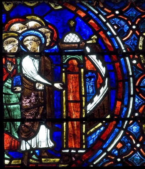 Fra katedralens glassmalerier: St Altinus og St Eobald misjonerer. Foto: © Stuart Whatling, 2008 / http://www.medievalart.org.uk/chartres Chartres, Vielle Ville, Cathedrale Notre dame de Chartres, Eure, Eure et Loire, Unescos liste over Verdensarven, Vest-Frankrike, Frankrik