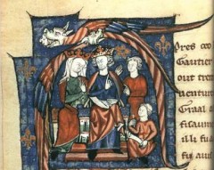 Henry den II. og Eleonora av Aquataine ved hoffet. Illustrasjon fra 1100-tallet. Kilde: Wikipedia Le Mans, Maine, Vieux Mans, Sarthe, La Cité Plantagenét, romertid, middelalder, Henry den II. La Reine Bérengère, Cathédrale Saint-Julien de Le mans, Unescos liste over Verdensarven, Vest-Frankrike, Frankrike