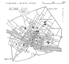 Firenzes byplan i høyrenessansen - byen har vokst og er omgitt av omfattende bymurer - gatenettet i den eldste delen er fortsatt bevart fra romertiden. Ill: Erik Lorange / Historiske Byer / Universitetsforlaget Firenze, renessanse, middelalder, Unescos liste over Verdensarven, historisk bydel, gamleby, Toscana, Midt-Italia, Italia