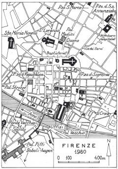Firenzes byplan anno 1980 - det vil si som i dag. Ill: Erik Lorange / Historiske Byer / Universitetsforlaget Firenze, renessanse, middelalder, Unescos liste over Verdensarven, historisk bydel, gamleby, Toscana, Midt-Italia, Italia