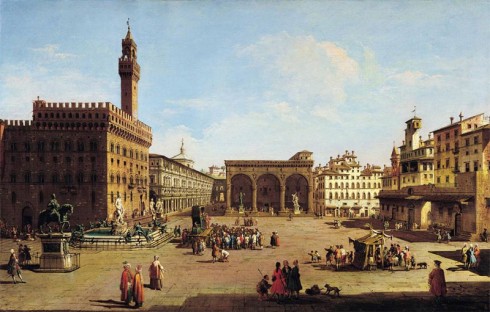Palazzo Vecchio og Piazza della Sigoria - 1700-talls maleri av Guiseppe Zocchi - utstilt i Palazzo Vecchio. Foto: © www.hiddenitaly.com Firenze, Palazzo Vecchio, renessanse, middelalder, Unescos liste over Verdensarven, historisk bydel, gamleby, Toscana, Midt-Italia, Italia
