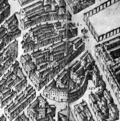 Fra Stefano Buonsignoris dokumentasjon av Firenze - tegnet mellom år 1584 og 1594 - gatene rundt romertidens forlengst revne amfiteater. Foto: Sailko / Wikipedia CC-BY-SA 3.0 Firenze, renessanse, middelalder, Unescos liste over Verdensarven, historisk bydel, gamleby, Toscana, Midt-Italia, Italia