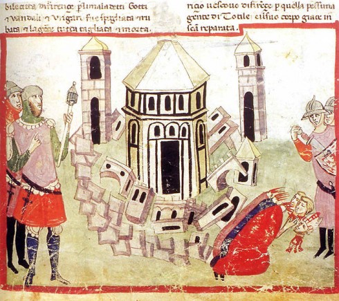 Vandalkongen Totila ødelegger Firenze cirka år 540 - illustrasjon fra Giovanni Villanis Nuova Cronica ca år 1280-90. Kilde: Wikipedia Firenze, renessanse, middelalder, Unescos liste over Verdensarven, historisk bydel, gamleby, Toscana, Midt-Italia, Italia