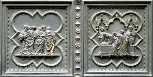 Battisteros dør i sørportalen ble dekorert av Andrea Pisano i år 1336 - motivet på panelet er Johannes Døperens liv. Foto: © www.hiddenitaly.com Firenze, renessanse, middelalder, Unescos liste over Verdensarven, historisk bydel, gamleby, Toscana, Midt-Italia, Italia
