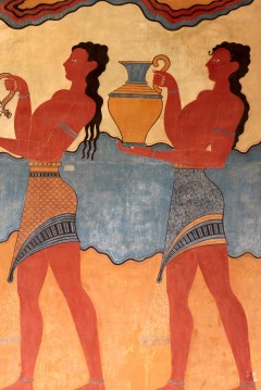 I palasskomplekset Knossos på Kreta er det funnet fresker - veggmalerier - som er mer enn 3500 år gamle - her en som er restaurert Knossos, fresker, Kreta, Hellas