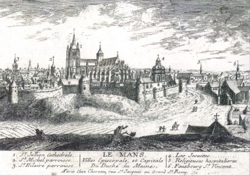 Illustrasjon fra 1500-tallet som viser deler av William Erobrerens bymur. Det aller meste er i dag borte, bortsett fra på baksiden av katedralen. Kilde: Wikipedia Le Mans, Maine, Vieux Mans, Sarthe, La Cité Plantagenét, romertid, middelalder, Henry den II. La Reine Berenger, Cathédrale Saint-Julien de Le mans, Unescos liste over Verdensarven, Vest-Frankrike, Frankrike