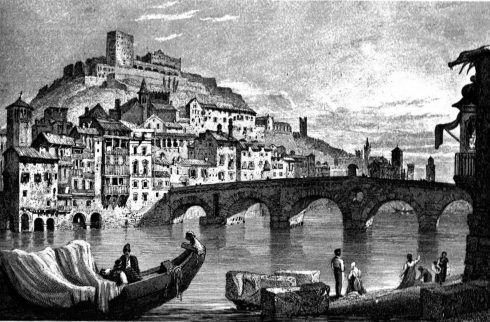Verona slik byen så ut i år 1825 - på høyden ble det bygd en festning allerede før vår tidsregning begynner. Illustrasjon av Samuel Prout Verona, Arena, Piazza delle Erbe, Piazza Signori, Piazza Bra, Unescos liste over Verdensarven, romerriket, antikken, historiske bydeler, gamlebyen, Veneto, Nord-Italia, Italia
