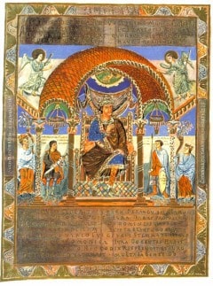 Karl den Skallede, Karl den Stores sønnesønn, avbildet i Codex Aureus von St. Emmeram cirka år 870. Kilde: Wikipedia Chartres, Karl den Skallede, Vielle Ville, Cathedrale Notre dame de Chartres, Eure, Eure et Loire, Unescos liste over Verdensarven, Vest-Frankrike, Frankrik