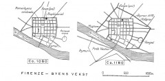 Firenzes byplan og gatenett var stort sett bevart fra romertiden. Ill: Erik Lorange / Historiske Byer / Universitetsforlaget Firenze, renessanse, middelalder, Unescos liste over Verdensarven, historisk bydel, gamleby, Toscana, Midt-Italia, Italia