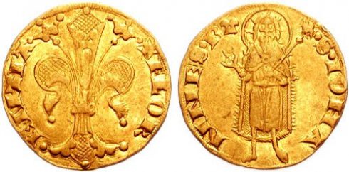 Firenze slo egne gullmynter - fiorinos eller florentinere på norsk - her i 1347-utgaven. Kilde: Wikipedia Firenze, renessanse, middelalder, Unescos liste over Verdensarven, historisk bydel, gamleby, Toscana, Midt-Italia, Italia