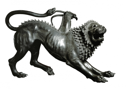 Museo Archeologico: Chimera var en dyreskikkelse fra den etruskiske mytologien – løve, geit og slange. Skulpturen ble funnet i en åker ved Arezzo i år 1553. Foto: © www.hiddenitaly.com Firenze, renessanse, middelalder, Unescos liste over Verdensarven, historisk bydel, gamleby, Toscana, Midt-Italia, Italia