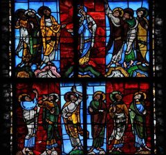 <br />Noen av glassmaleriene er fra rundt år 1100 - her Kristi Himmelfart. Foto: Vassil / Wikipedia Public Domain Le Mans, Maine, Vieux Mans, Sarthe, La Cité Plantagenét, romertid, middelalder, Henry den II. La Reine Bérengère, Cathédrale Saint-Julien de Le mans, Unescos liste over Verdensarven, Vest-Frankrike, Frankrike