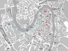 Kart over romertidens og middelalderens Verona - rødt og lilla er forslag til ruter for å oppleve romertiden, blått gjelder middelalder. Kart: www.palazzodellaragioneverona.it Verona, Arena, Piazza delle Erbe, Piazza Signori, Piazza Bra, Unescos liste over Verdensarven, romerriket, antikken, historiske bydeler, gamlebyen, Veneto, Nord-Italia, Italia