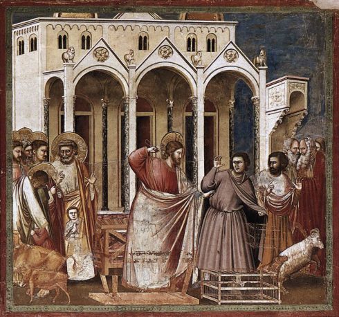Jesus driver pengevekslerne ut av tempelet i Jerusalem. Fra Giottos freske i Scrovegni-kapellet, malt mellom 1303 og 1305. Giottos freske i Scrovegni-kapellet, Padova, Piazza delle Erbe, Piazza delle Frutti, Unescos liste over Verdensarven, romerriket, antikken, historiske bydeler, gamlebyen, Veneto, Nord-Italia, Italia