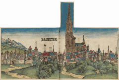 Strasbourg eller Argentina, som byen også ble kalt i middelalderen, slik den er skildret i Nurnberg-krøniken fra år 1492. Kilde: Wikipedia Strasbourg, Musée Alsacien, Grand Île, gamleby, historiske bysenter, Unescos liste over Verdensarven, bindingsverk, kanaler, Palais Rohan, Nord-Frankrike, Frankrike