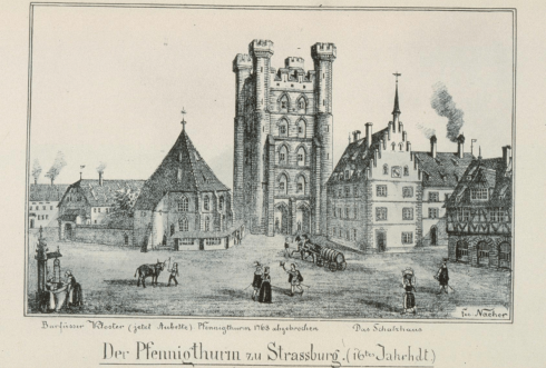 Dette flotte tårnet fra middelalderen var en byport og en del av bymuren, som dessverre ikke lenger finnes. Illustrasjon fra år 1768. Kilde: Wikipedia Strasbourg, Pfenningturm, Musée Alsacien, Grand Île, gamleby, historiske bysenter, Unescos liste over Verdensarven, bindingsverk, kanaler, Palais Rohan, Nord-Frankrike, Frankrike