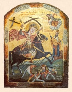 Et koptisk (egyptisk) ikon som fremstiller Sankt Mercurius som dreper keiser Julianus - fra kirken av samme navn i Kairo: Kilde: Wikipedia Strasbourg, Musée Alsacien, Grand Île, gamleby, historiske bysenter, Unescos liste over Verdensarven, bindingsverk, kanaler, Palais Rohan, Nord-Frankrike, Frankrike