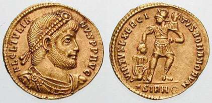 En Solidus preget under keiseren Flavius Claudius Julianus, som hersket i perioden mellom år 361-363 AD. Foto: Panairjdde / Wikipedia Strasbourg, Musée Alsacien, Grand Île, gamleby, historiske bysenter, Unescos liste over Verdensarven, bindingsverk, kanaler, Palais Rohan, Nord-Frankrike, Frankrike