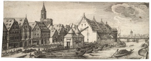 Wenceslas Hollars illustrasjon fra år 1772 av tollboden og vinmarkedet. Du kjenner det igjen? Kilde: Wikipedia Strasbourg, Musée Alsacien, Grand Île, gamleby, historiske bysenter, Unescos liste over Verdensarven, bindingsverk, kanaler, Palais Rohan, Nord-Frankrike, Frankrike