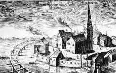 Riddarholmskyrkan var en del av Gråbrödraklosteret, til dette ble revet av kong Gustav Vasa i år 1527, etter reformasjonen. Kilde: Wikipedia -detalj fra Blodsbadsplanschen Gråbrödraklostret, Riddarholmskyrkan, Stockholm, Gamla Stan, gamlebyen, Unesco Verdensarv, Sverige