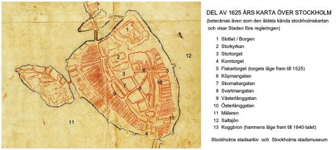 Det eldste kartet over Stockholm fra år 1625 viser byplanen fra middelalderen. Foto: Stockholms Stadsarkiv Stockholm, Gamla Stan, gamlebyen, Unesco Verdensarv, Sverige