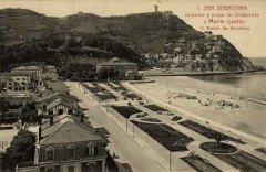 Stranden langs den vestligste delen av Concha-bukten forebeholdes de kondisjonerte. Foto fra cirka år 1900. Kilde. Wikipedia San Sebastián, ferieby, badeby, Playa de la Concha, gourmet, pintxo, Donostia, Baskerland, Guipuzskoa, surfing, Nord-Spania, Spania