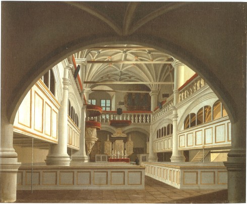 Slottskirken slik den så ut før den ombygd til nygotisk stil. Kilde: Wikipedia Schwerin, Altstadt, Schweriner Schloss, Mecklenburg-Vorpommern, Nord-Tyskland