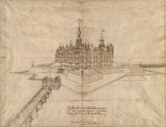 Gerhart Evert Pilooths plan fra år 1612 for ombyggingen til nederlandsk renessansestil, som aldri ble noe av. Foto: © Staatliches Museum Schwerin Schwerin, Altstadt, Schweriner Schloss, Mecklenburg-Vorpommern, Nord-Tyskland