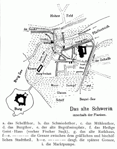Illustrasjon av Schwerins byplan før år 1340. Kilde: Wikipedia - Tegnet av Friedrich Schlie, Scan by Rosentod Schwerin_før_1340, Schwerin, Altstadt, Schweriner Schloss, Mecklenburg-Vorpommern, Nord-Tyskland