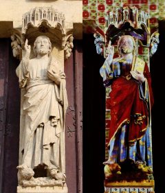 Kristus-skulpturen på hovedportalens trumeau slik den fremstår i dag og slik den var i middelalderen. Foto: Vassil (venstre) og Jean Bester (høyre) / Wikipedia Amiens, Cathédrale Notre-Dame, middelalder, gotikken, katedralby, Unescos liste over Verdensarven, Nord-Frankrike