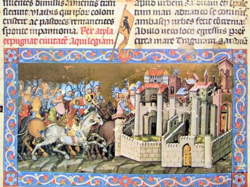 Hunerkongen Attila tok seg tid til å herje litt i Amiens også, i år 451. Fra det ungarske Cronicom Pictum cirka år 1350. Foto: Csanády / Wikipedia Amiens, middelalder, katedralby, Unescos liste over Verdensarven, Nord-Frankrike