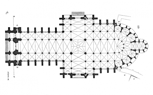 Grunnplanen til Notre-Dame tegnet av arkitekten Viollet-le-Duc, som restaurerte katedralen på slutten av 1800-tallet. Kilde: Wikipedia Amiens, Cathédrale Notre-Dame, middelalder, katedralby, Unescos liste over Verdensarven, Nord-Frankrike