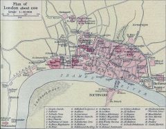 Kart over London anno år 1300. Westminster lå utefor bykjernen, som fremdeles lå innenfor de romerske bymurene. Kilde: William R. Shepherd / Wikipedia London, Museum of London, British Museum, romerne, middelalder, historisk, Unescos liste over Verdensarven, Tower, England Storbritannia