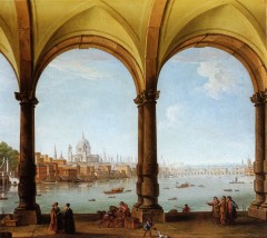Et gjenoppbygd London rundt 1760-75 skildret av den italienske kunstneren Antonio Joli Kilde: Wikipedia London, St Paul's catherdral, Museum of London, British Museum, romerne, middelalder, historisk, Unescos liste over Verdensarven, Tower, England Storbritannia