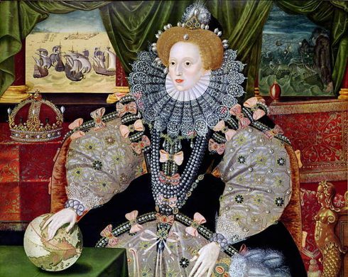 Elizabeth den I. feirer seieren over den spanske armada i år 1588. Oljemaleri av George Gower (1540–1596). Kilde: Wikipedia Elizabeth den I spanske armada, London, Museum of London, British Museum, romerne, middelalder, historisk, Unescos liste over Verdensarven, Tower, England Storbritannia